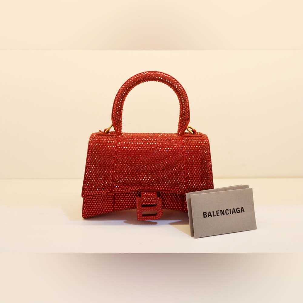 Balenciaga Hourglass XS Handbag with Rhinestones in red